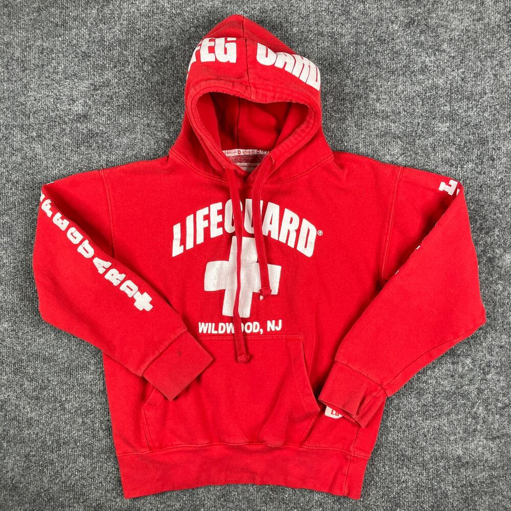 Lifeguard Hoodie Mens Size S Red Wildwood‎ NJ Graphic Pullover Sweatshirt